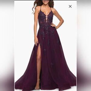 La Femme 30560 Floral Embroidered Tulle Ballgown NWT sz 10 Dark Berry/Purple